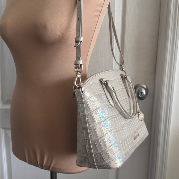 Brahmin Duxbury Leather Croc Embossed Satchel Handbag Pearly Cream Metallic
